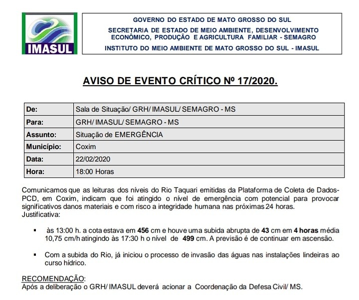 Rio Taquari atinge nível de emergência em Coxim Rio Taquari atinge nível de emergência em Coxim