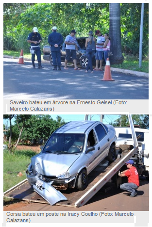 Em dois pontos diferentes, veículos batem em poste e árvore na Capital Em dois pontos diferentes, veículos batem em poste e árvore na Capital