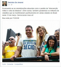 Em dia de protesto, lideranças do PT se omitem nas redes sociais O senador Delcídio do Amaral foi a única exceção, mas se contentou em parabenizar os milhares de cidadãos que se manifestaram pacificamente em várias capitais do Brasil neste 15 de março. (Foto: Facebook/Reprodução)