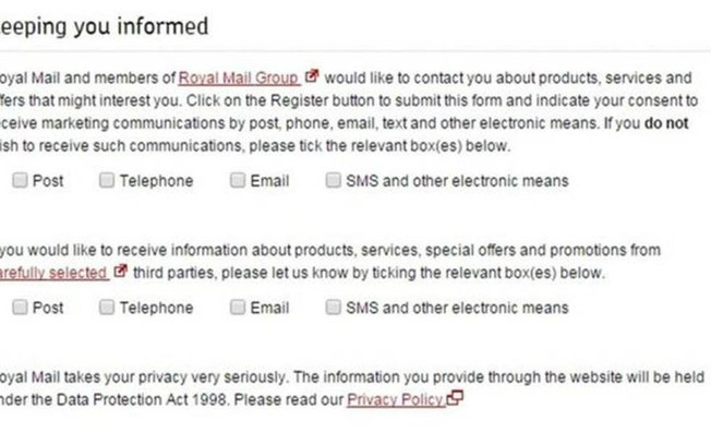 Cortesia do Royal Mail/BBC
O serviço de Correios da Grã-Bretanha afirma que esta parte de seus termos não é confusa