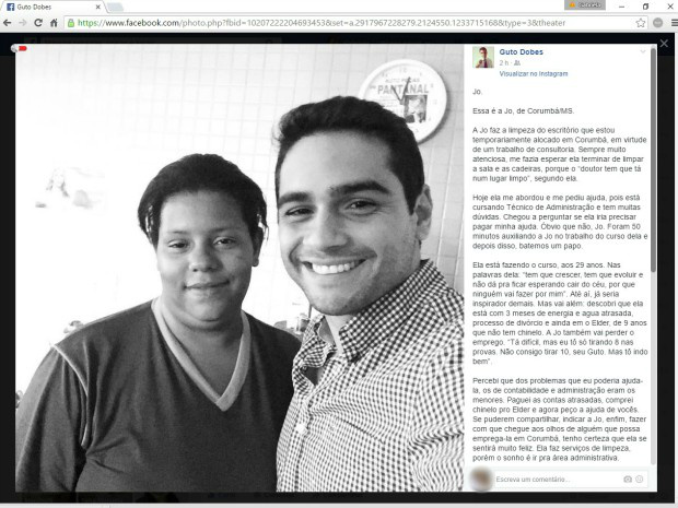 Publicação do empresário pedindo ajuda para auxiliar de serviços gerais (Foto: Reprodução/Facebook)

