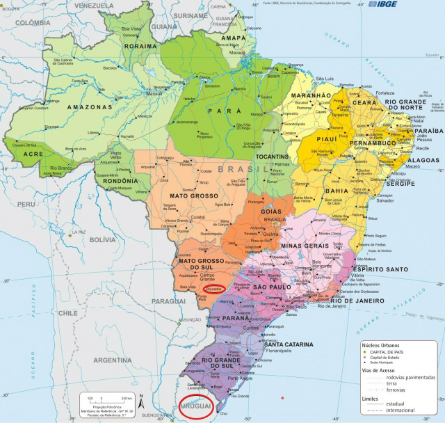 Mapa mostra as localizações de Dourados e do Uruguai