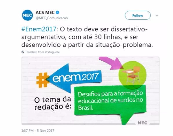 Tema da redação do Enem 2017 foi 'Desafios para a formação educacional de surdos no Brasil' (Foto: Reprodução/Twitter)