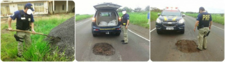 PRF improvisou serviço tapa-buraco na BR-267, que está sem manutenção. (Foto: Da Hora Bataguassu)