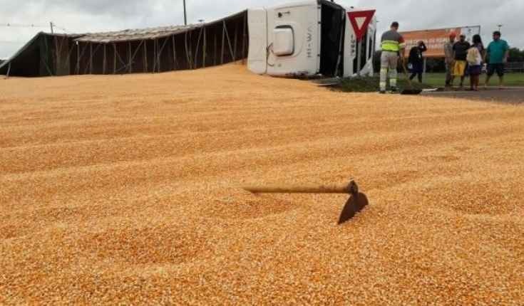 Após carreta tombar, grupo saqueia carga de milho e furta até motorista