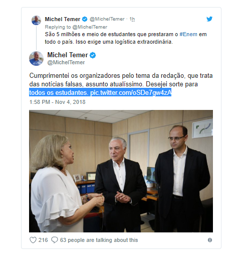 Temer elogia tema da redação do Enem sobre ‘fake news’: ‘Atualíssimo’ Temer elogia tema da redação do Enem sobre ‘fake news’: ‘Atualíssimo’