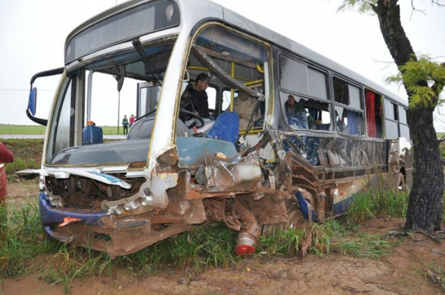 Ônibus bate em carreta e deixa cinco pessoas feridas