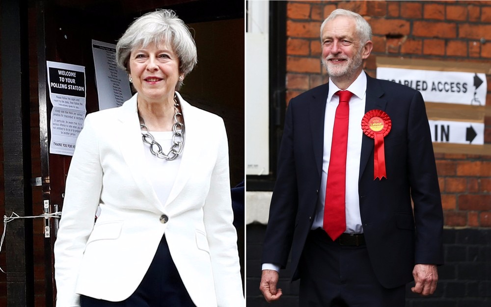 Conservadores vencem eleição, mas perdem maioria absoluta no Reino Unido May e Corbyn, após votação no Reino Unido (Foto: Eddie Keogh e Neil Hall / Reuters)