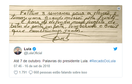 'É hora de bater de porta em porta', escreve Lula em bilhete