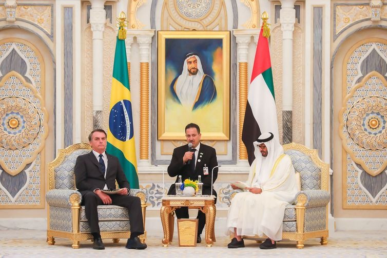 Bolsonaro se reúne com empresários e autoridades dos Emirados Árabes Presidente Jair Bolsonaro se encontra com xeique Mohamed bin Zayed Al Nahyan, Príncipe Herdeiro de Abu Dhabi, durante reunião ampliada. - Clauber Cleber Caetano/PR