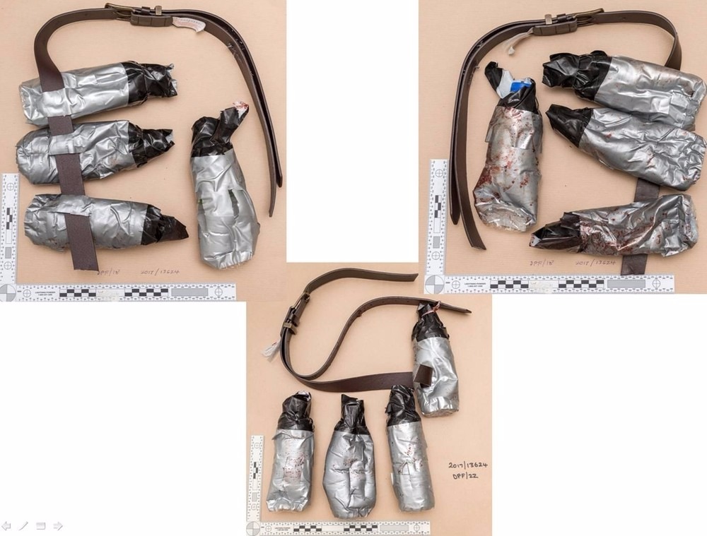 Trio que cometeu ataque na London Bridge usava cintos com explosivos falsos Fotos mostram os cintos usados pelo trio terrorista durante ataque na London Bridge (Foto: Divulgação/Polícia Metropolitana via AP)