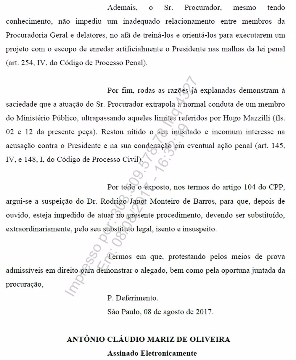 Pedido da defesa do presidente Michel Temer ao Supremo Tribunal Federal para que declare Rodrigo Janot suspeito (Foto: Reprodução)