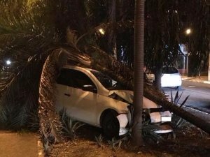 Veículo para em canteiro central de avenida, após desrespeitar sinal vermelho