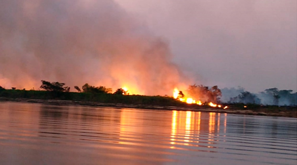 Aeronave auxilia bombeiros no combate a novos incêndios no Pantanal de MS Fogo destrói vegetação na margem do Rio Paraguai, em Porto Esperança (Corumbá)