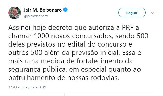 Bolsonaro assina decreto que autoriza PRF a chamar 1.000 aprovados Bolsonaro assina decreto que autoriza PRF a chamar 1.000 aprovados