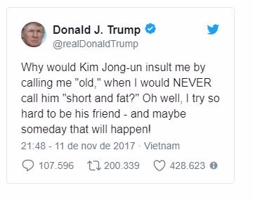 Trump lamenta no Twitter por não ser amigo Kim Jong-un Trump lamenta no Twitter por não ser amigo Kim Jong-un
