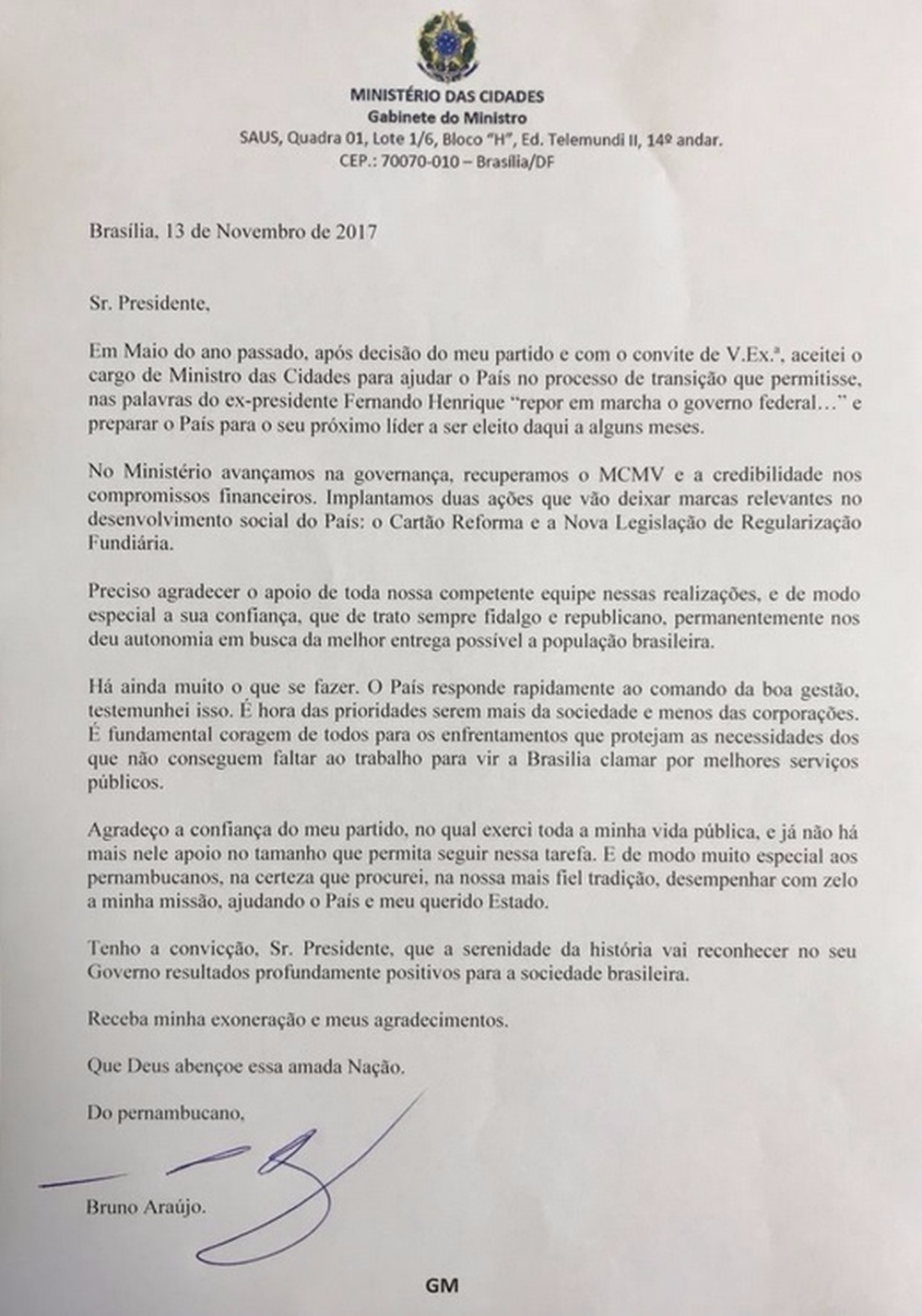 Ministro Bruno Araújo encaminha carta de demissão a Temer em meio a racha entre alas do PSDB