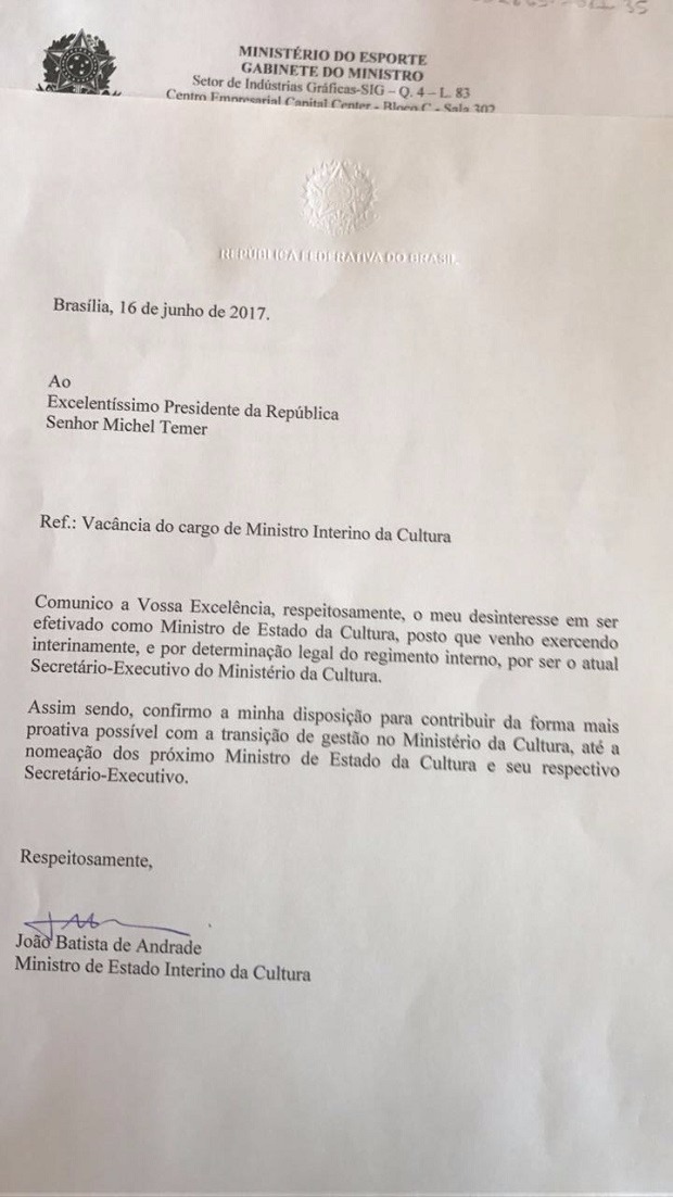 Ministro da Cultura pede demissão em carta a Temer