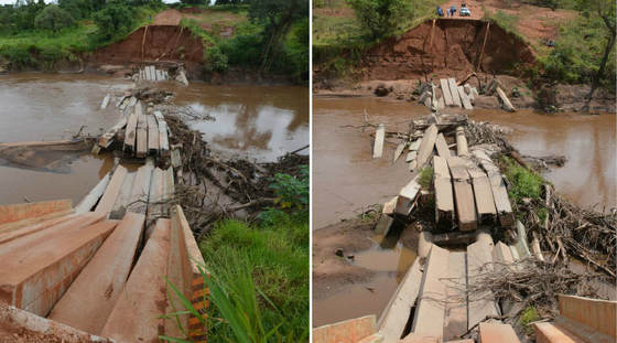 Passados oito meses, ponte na rodovia MS-382 continua sem conserto Foto de janeiro deste ano mostra estrutura da ponte caída no rio Santo Antônio, em Guia Lopes; imagem da semana passada indica continuidade do problema - Foto: Gerson Oliveira e Paulo Ribas (montagem / Cor