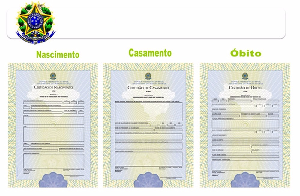 Certidões de nascimento, casamento e óbito mudam a partir desta terça Novos modelos de formulários para certidões de nascimento, casamento e óbito, que serão confeccionados pela Casa da Moeda (Foto: Divulgação/MJ)