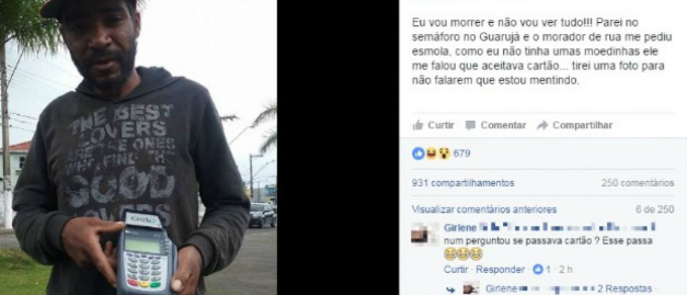 Morador de rua usa máquina de cartões para pedir esmola © Reprodução/Facebook
