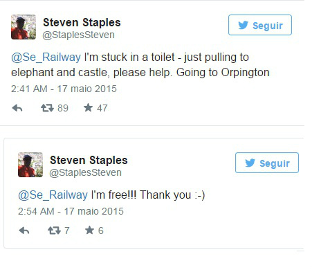 Passageiro fica preso em banheiro de trem e pede ajuda pelo Twitter Reprodução Twitter