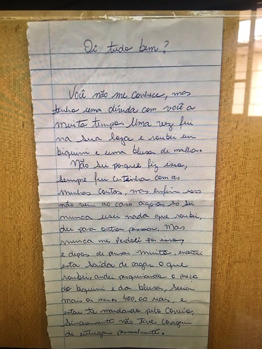 Carta foi escrita à mão e enviada com o dinheiro