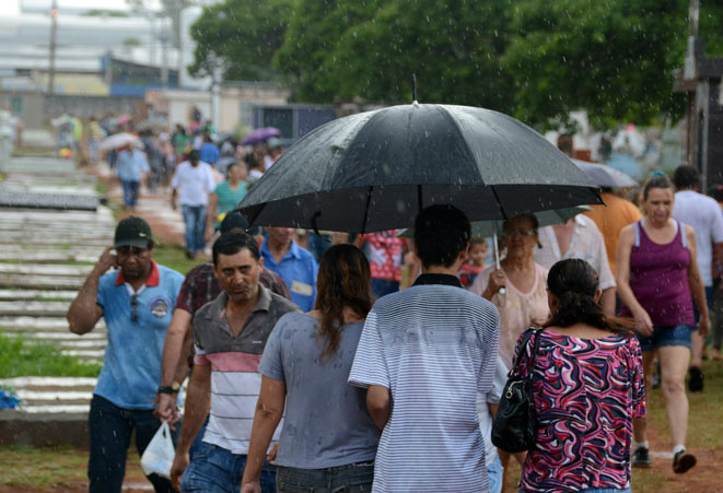 Pessoas usam guarda chuva durante visita a cemitério da Capital - Foto: Paulo Ribas/Correio do Estado