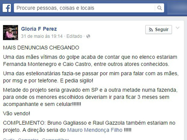 Glória Perez denunciou falsos testes de minisséria nas redes sociais no último final de semana (Foto: Reprodução/Facebook)