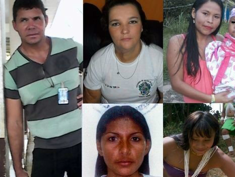 As cinco vítimas, o piloto Alexandre Felix Souza, a enfermeira Luzia Fernandes Pereira (no centro acima), as indígenas Marcelânia Souza da Silva, (centro abaixo) intérprete das grávidas Marceleia Cruz dos Santos Marubo e Luciana Guedes do Carmo (à direita) (Foto: Divulgação site/acritica.com)