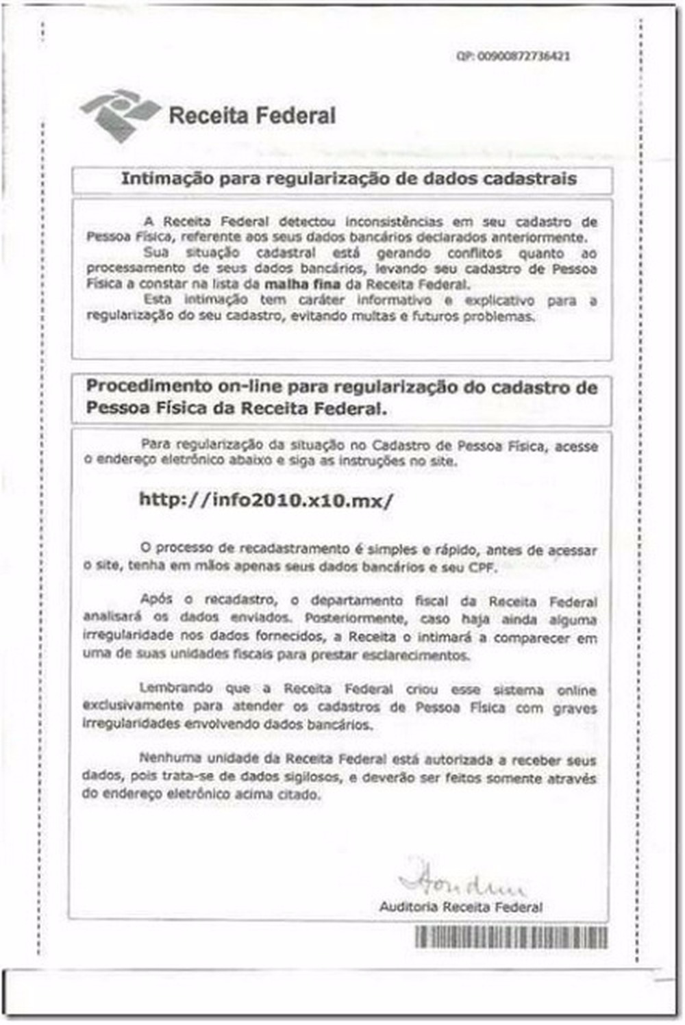Receita Federal alerta sobre novo 'golpe por correspondência' Exemplo de carta em que criminosos intimidam contribuintes a regularizarem o cadastro ao órgão (Foto: Receita Federal/Divulgação)