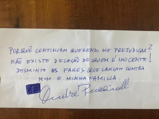Bilhete assinado pelo ex-governador André Puccinelli. MDB/Divulgação