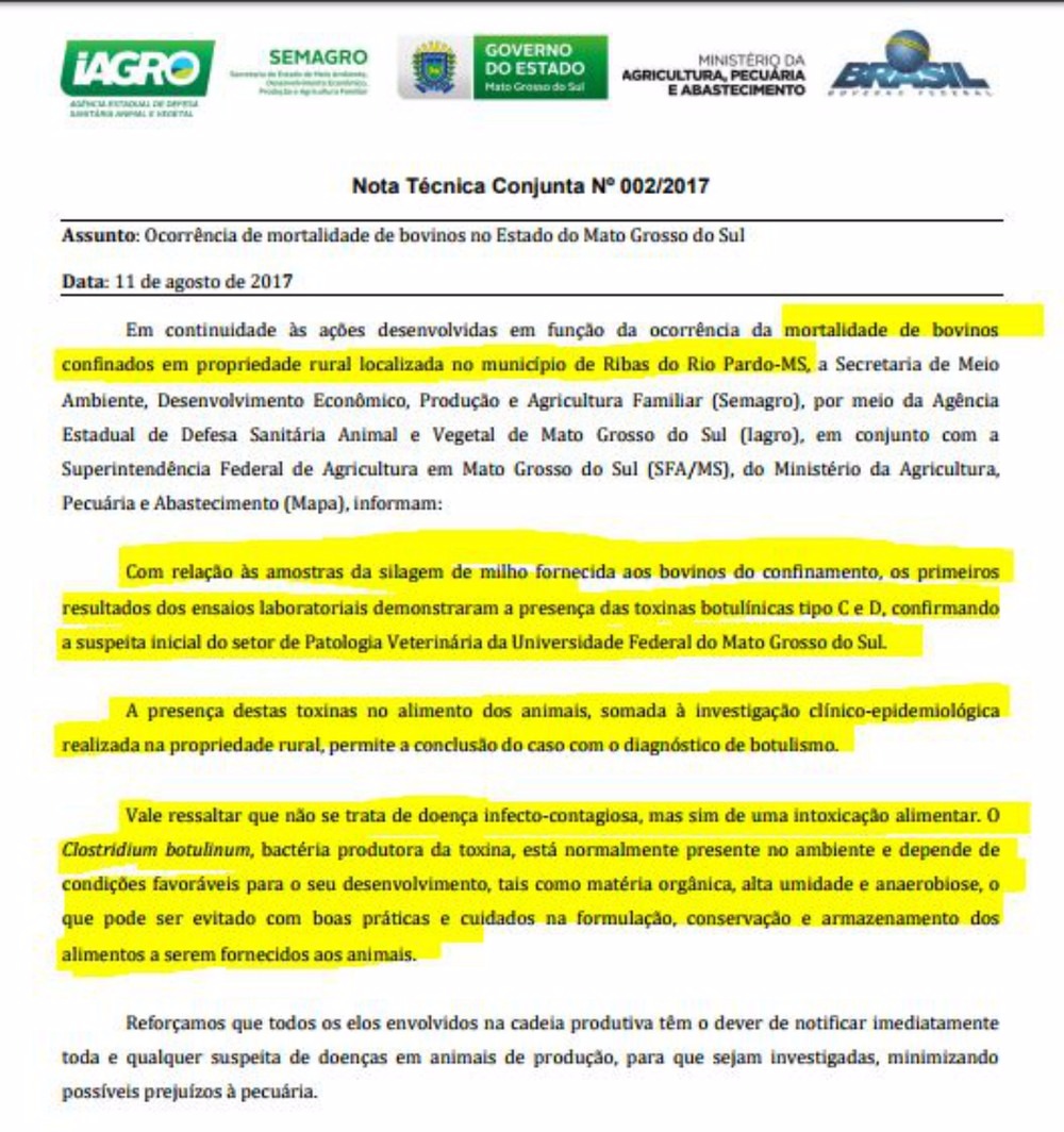 Nota técnica divulgada pela Semagro, Iagro e SFA sobre morte de bovinos em MS (Foto: Reprodução)