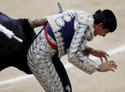 Toureiro é chifrado e perde um testículo Toureiro é chifrado no saco escrotal durante Festival de San Isidro / REUTERS/Javier Barbancho