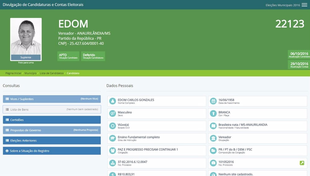 Edom Gonzales (PR) tentou reeleição para vereador de Anaurilândia (MS) em 2016 (Foto: TSE/Reprodução)