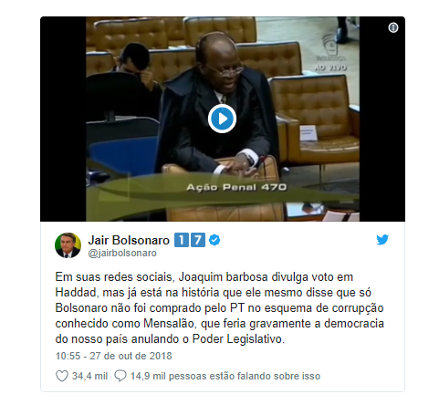 Bolsonaro ironiza Joaquim Barbosa, que rebate: 'É falso o que ele diz'