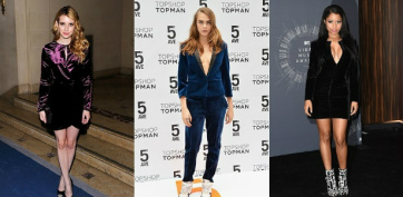 Emma Roberts (à esq), Cara Delevingne (ao centro) e Nicki Minaj (à dir) apostam no veludo molhado no tapete vermelho - Foto: Getty Images