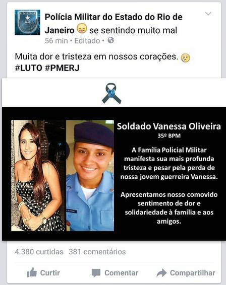 Perfil da corporação em uma rede social traz o seguinte status: 