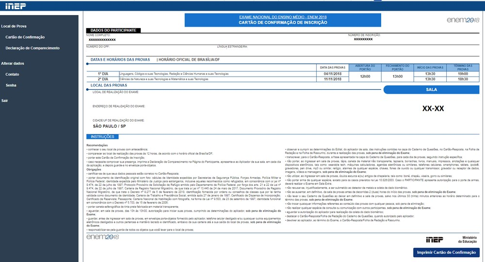 Enem 2018: três coisas que você não pode esquecer no check list para a prova Cartão de confirmação do Enem 2018. Reprodução
